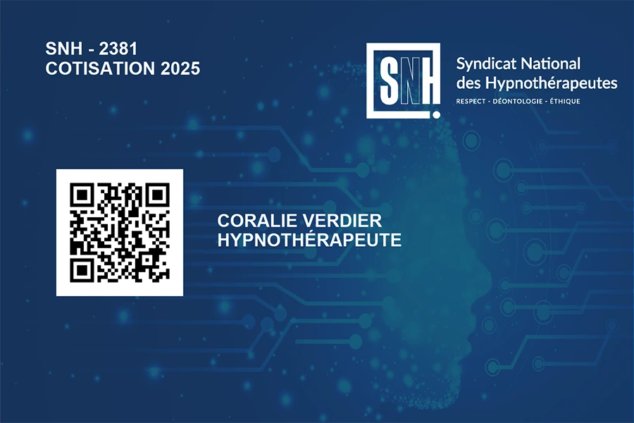 Carte de membre SNH - Syndicat National des Hypnothérapeutes - Coral institut - Coaching, Hypnose Ericksonienne, DMO, PNL, Clean Language et Formations à Nouméa et en Nouvelle-Calédonie